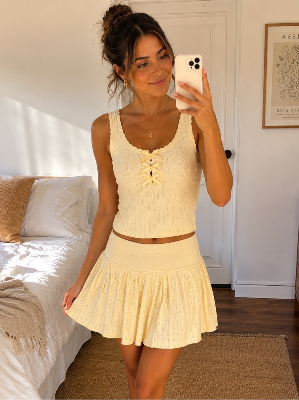 Hippie Rose Cream Pointelle Knit Bow Tank & Mini Skirt Size S
